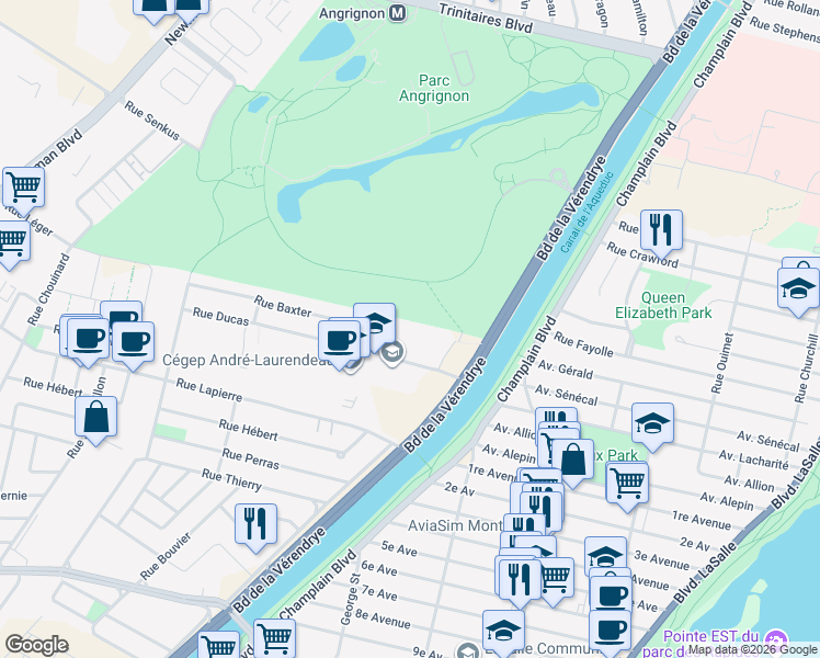 map of restaurants, bars, coffee shops, grocery stores, and more near 1171 Croissant du Collège in Montréal