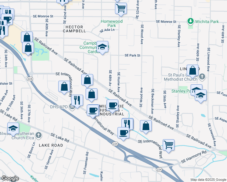 map of restaurants, bars, coffee shops, grocery stores, and more near 4815 Southeast Railroad Avenue in Milwaukie