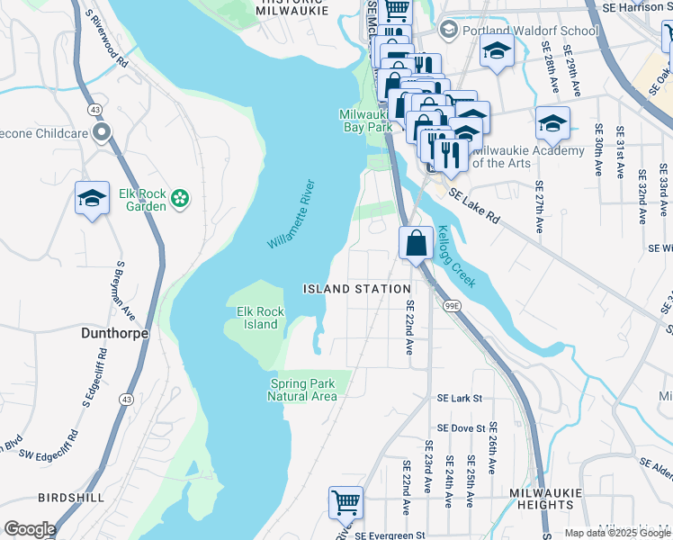 map of restaurants, bars, coffee shops, grocery stores, and more near 11907 Southeast 19th Avenue in Milwaukie