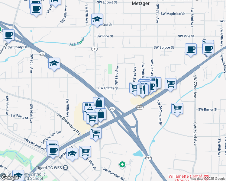 map of restaurants, bars, coffee shops, grocery stores, and more near 8388 Southwest Pfaffle Street in Portland
