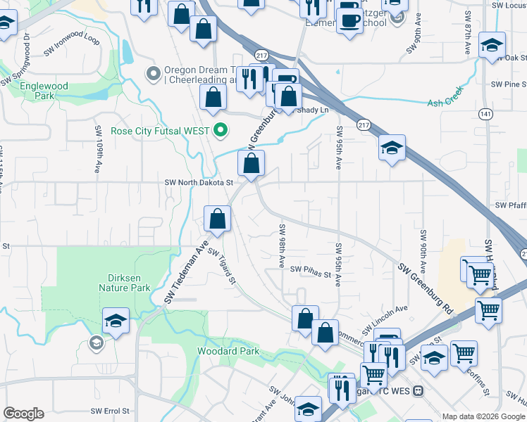 map of restaurants, bars, coffee shops, grocery stores, and more near 11335 Southwest Greenburg Road in Tigard