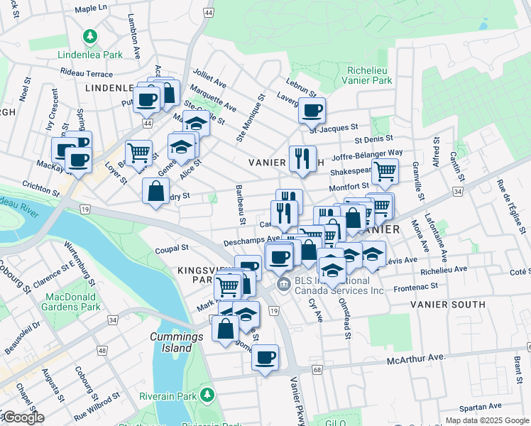 map of restaurants, bars, coffee shops, grocery stores, and more near in Ottawa