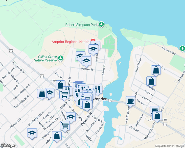 map of restaurants, bars, coffee shops, grocery stores, and more near in Arnprior