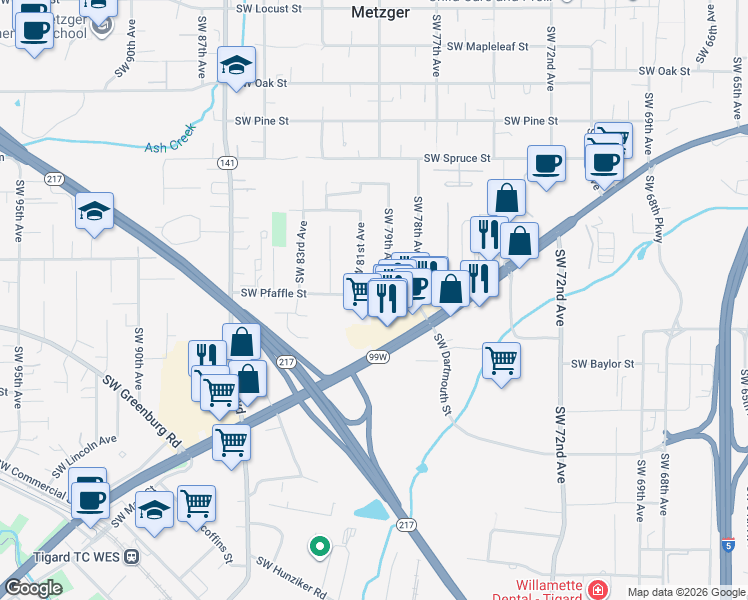 map of restaurants, bars, coffee shops, grocery stores, and more near 11300 Southwest 81st Avenue in Tigard