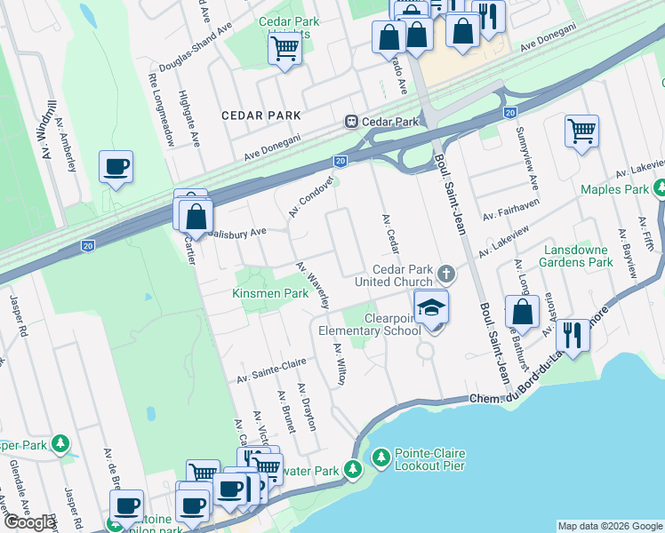 map of restaurants, bars, coffee shops, grocery stores, and more near 14 Avenue de Winston Circle in Pointe-Claire