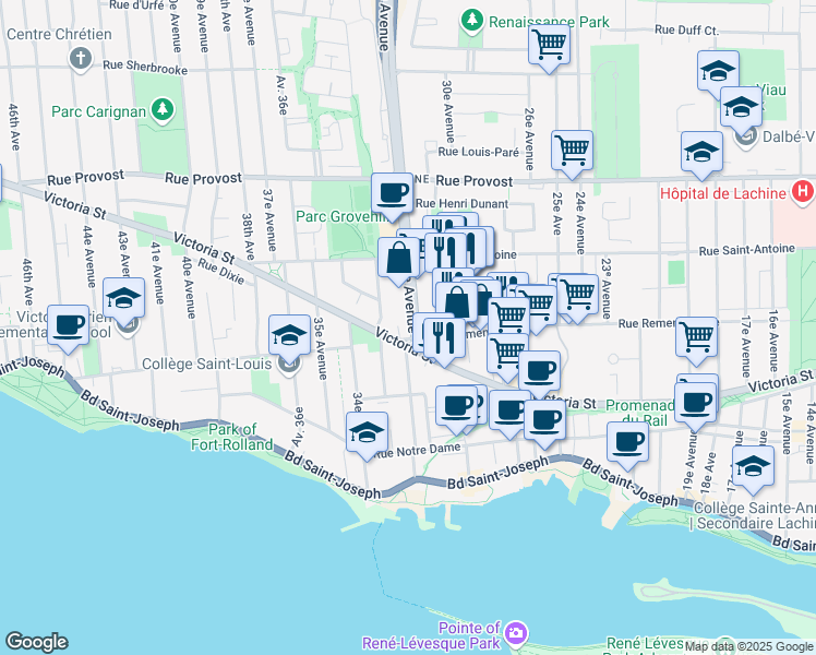 map of restaurants, bars, coffee shops, grocery stores, and more near 425 32e Avenue in Montréal