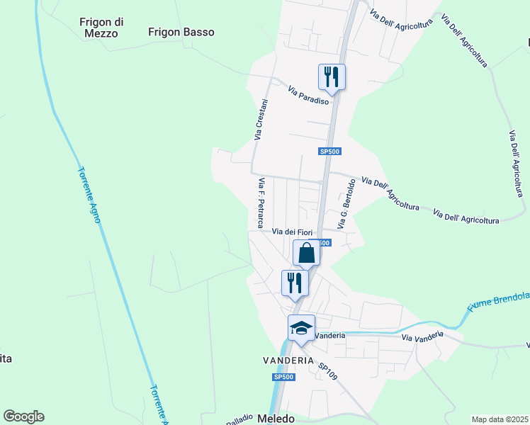 map of restaurants, bars, coffee shops, grocery stores, and more near 12 Via F. Petrarca in Meledo