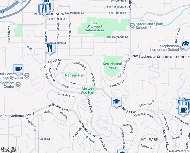 map of restaurants, bars, coffee shops, grocery stores, and more near 12 Hidalgo Street in Lake Oswego