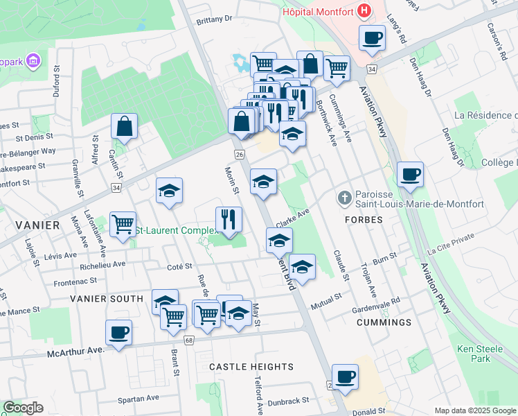 map of restaurants, bars, coffee shops, grocery stores, and more near 694 Ottawa Regional Road 26 in Ottawa