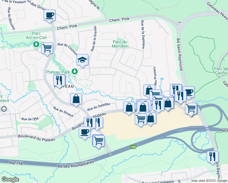 map of restaurants, bars, coffee shops, grocery stores, and more near 49 Rue de l'Éclipse in Gatineau