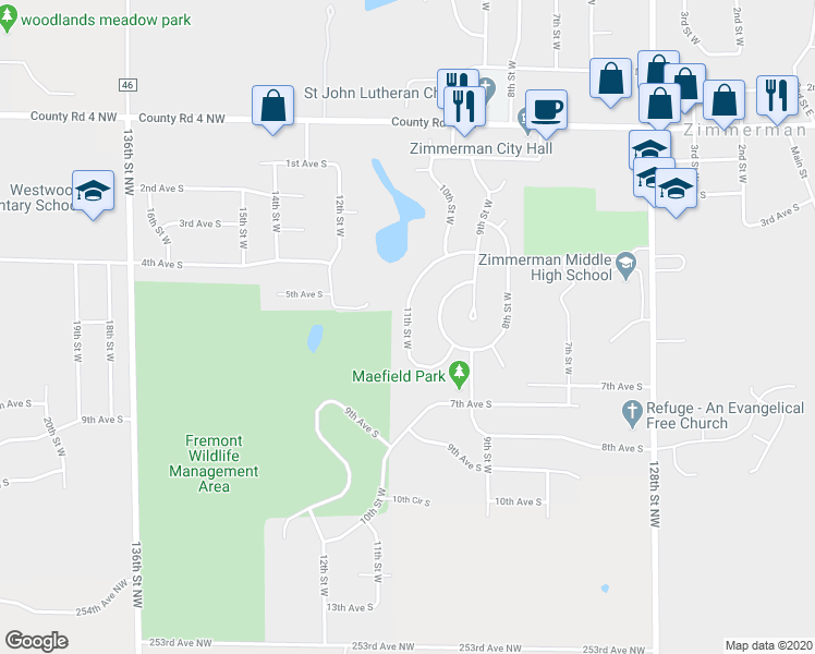 map of restaurants, bars, coffee shops, grocery stores, and more near 25797 11th Street West in Zimmerman