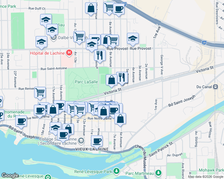 map of restaurants, bars, coffee shops, grocery stores, and more near 750 Rue Victoria in Montréal