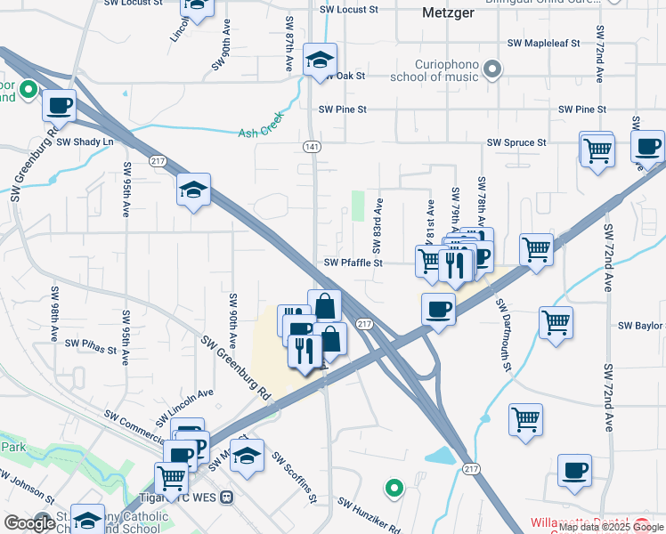 map of restaurants, bars, coffee shops, grocery stores, and more near 8530 Southwest Pfaffle Street in Tigard