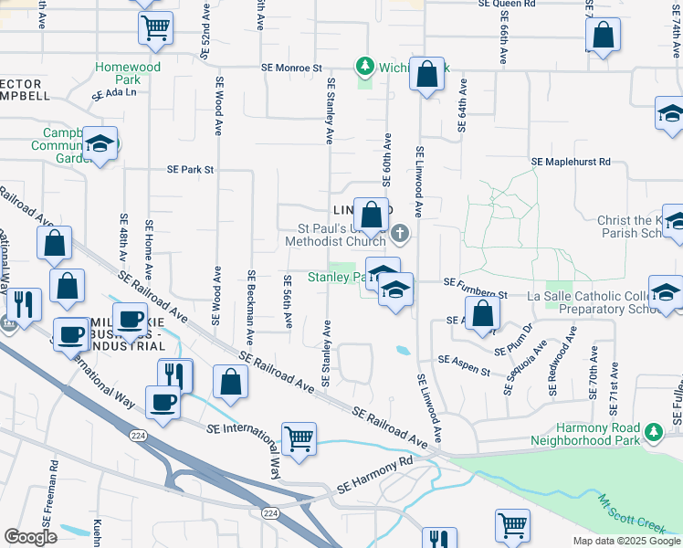 map of restaurants, bars, coffee shops, grocery stores, and more near 11800 Southeast Stanley Avenue in Milwaukie