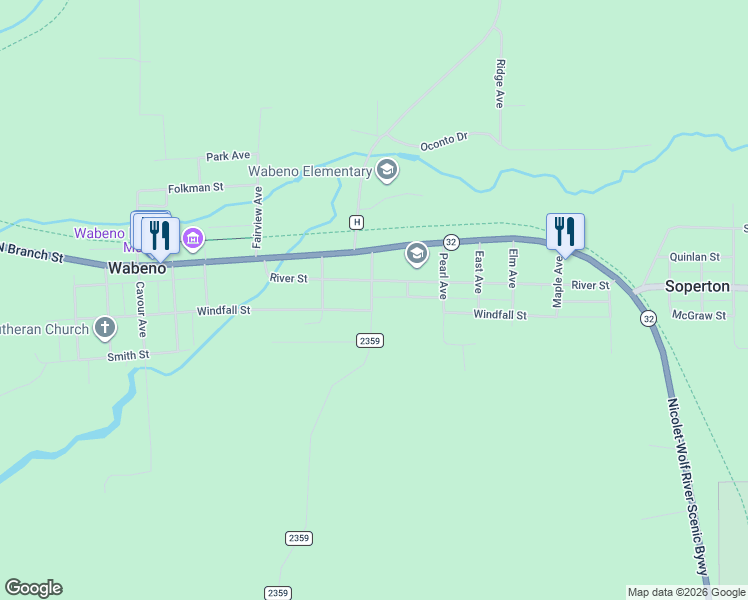 map of restaurants, bars, coffee shops, grocery stores, and more near 4363 River Street in Wabeno