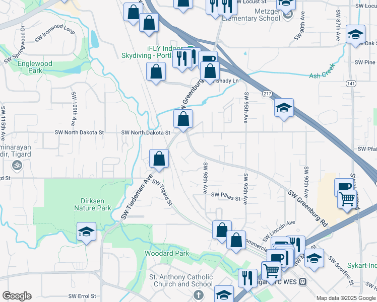 map of restaurants, bars, coffee shops, grocery stores, and more near 11335 Southwest Greenburg Road in Tigard