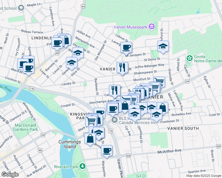 map of restaurants, bars, coffee shops, grocery stores, and more near 190 Ethel Street in Ottawa