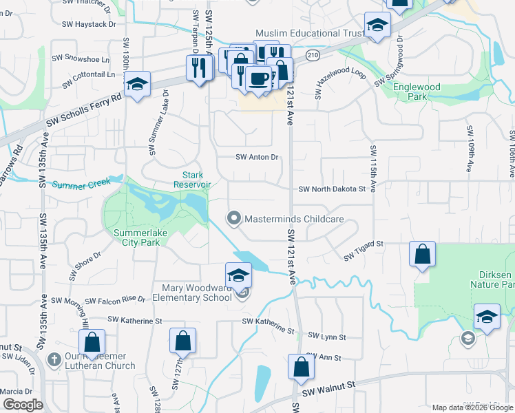 map of restaurants, bars, coffee shops, grocery stores, and more near 12256 Southwest Millview Court in Tigard