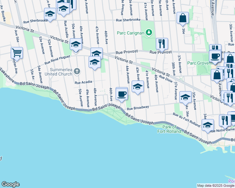 map of restaurants, bars, coffee shops, grocery stores, and more near 125 45e Avenue in Montréal