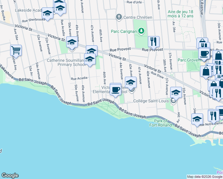 map of restaurants, bars, coffee shops, grocery stores, and more near 125 45e Avenue in Montréal