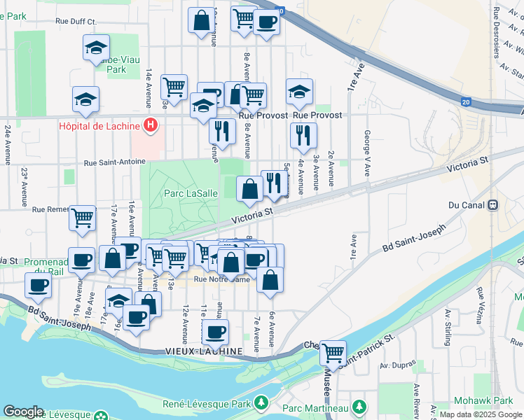 map of restaurants, bars, coffee shops, grocery stores, and more near 690 Rue Victoria in Montréal
