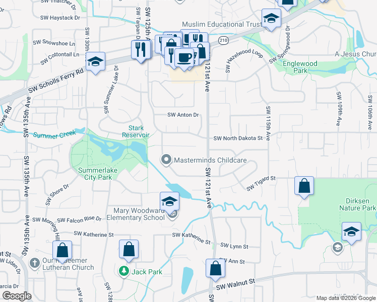 map of restaurants, bars, coffee shops, grocery stores, and more near 12256 Southwest Millview Court in Tigard