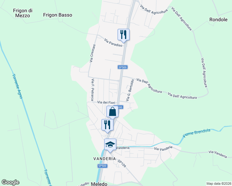 map of restaurants, bars, coffee shops, grocery stores, and more near 10 Via Salvatore Quasimodo in Meledo