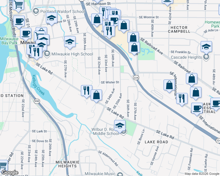 map of restaurants, bars, coffee shops, grocery stores, and more near 11834 Southeast 33rd Avenue in Milwaukie
