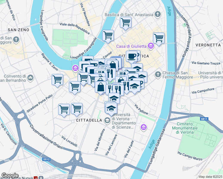 map of restaurants, bars, coffee shops, grocery stores, and more near Via degli Alpini in Verona