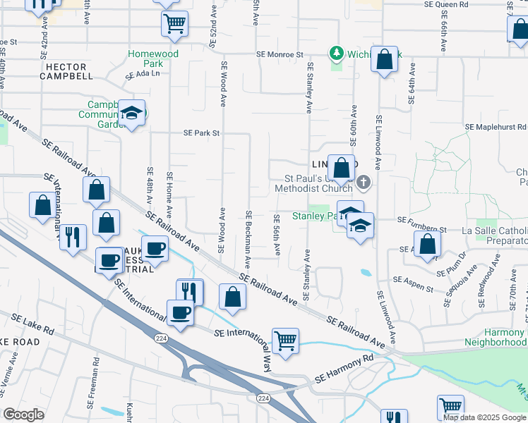 map of restaurants, bars, coffee shops, grocery stores, and more near 5536 Southeast Harlow Street in Milwaukie
