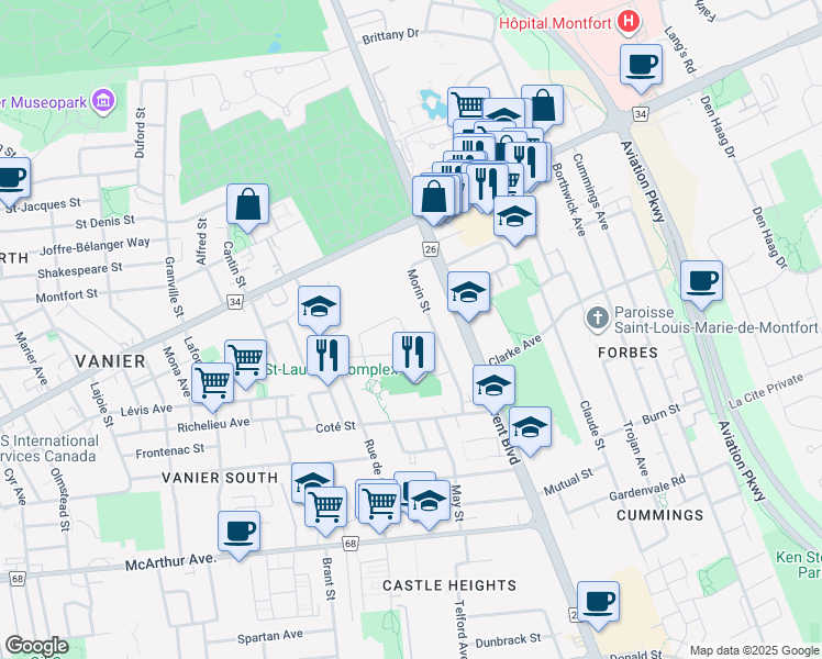 map of restaurants, bars, coffee shops, grocery stores, and more near 92 College Circle in Ottawa