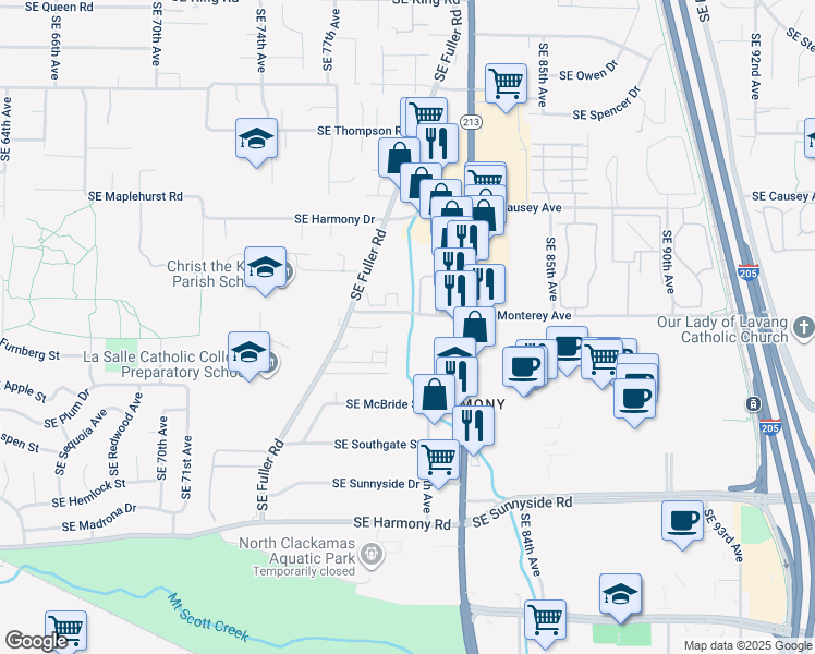 map of restaurants, bars, coffee shops, grocery stores, and more near 11691 Southeast 82nd Avenue in Portland
