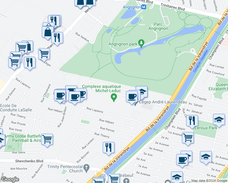 map of restaurants, bars, coffee shops, grocery stores, and more near 1429 Rue Ducas in Montréal