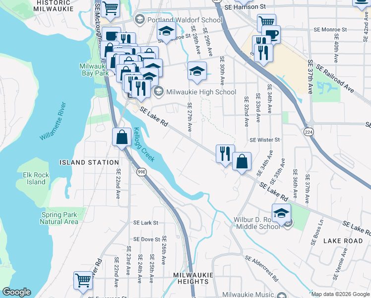 map of restaurants, bars, coffee shops, grocery stores, and more near 2645 Southeast Gino Lane in Milwaukie