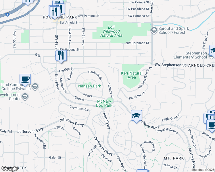 map of restaurants, bars, coffee shops, grocery stores, and more near 12 Hidalgo Street in Lake Oswego