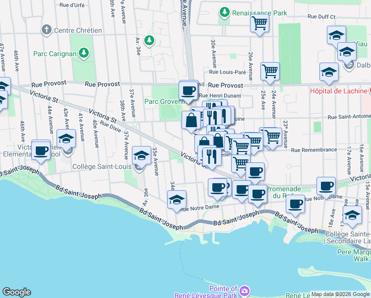 map of restaurants, bars, coffee shops, grocery stores, and more near 450 33e Av in Montréal