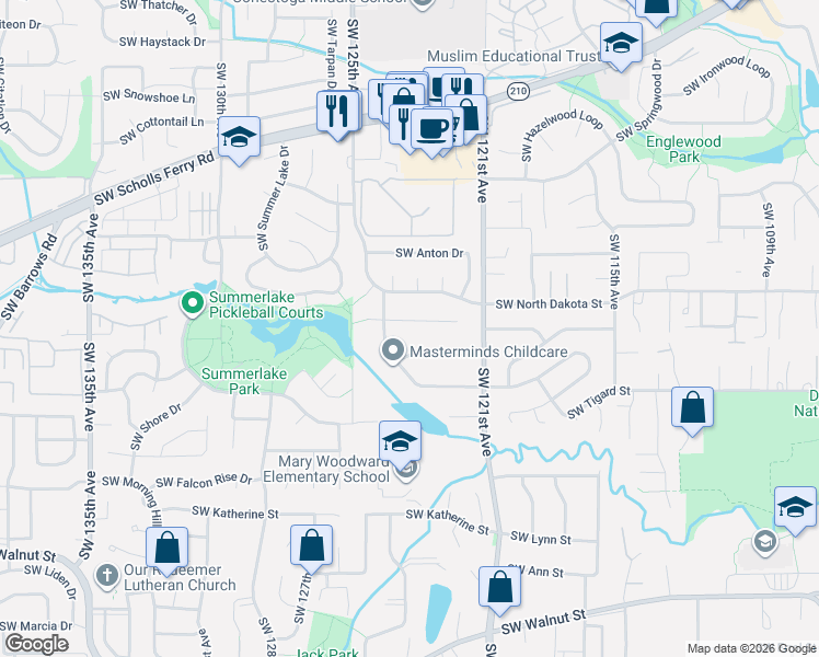 map of restaurants, bars, coffee shops, grocery stores, and more near 12350 Southwest Millview Court in Tigard