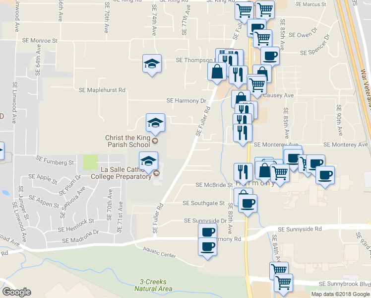 map of restaurants, bars, coffee shops, grocery stores, and more near 11661 Southeast Fuller Road in Milwaukie