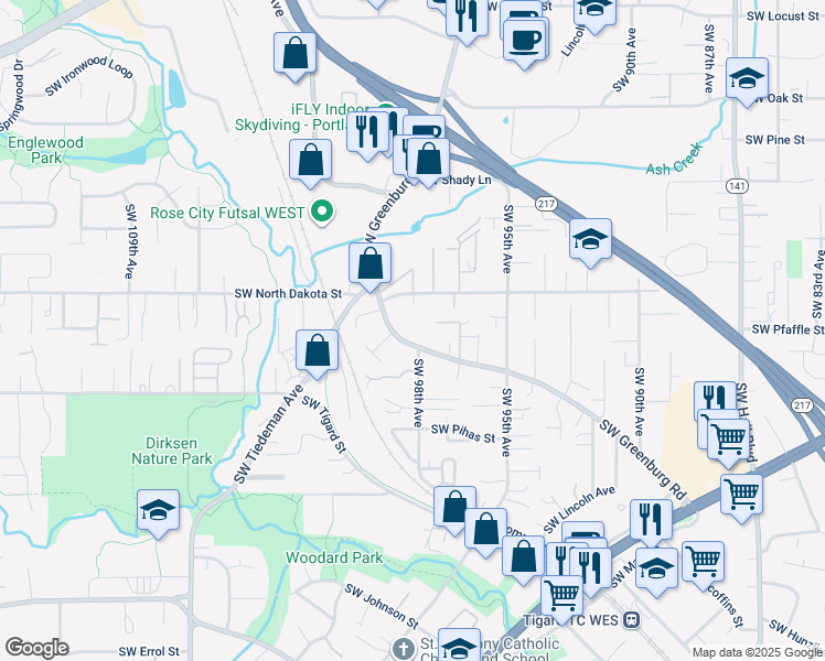 map of restaurants, bars, coffee shops, grocery stores, and more near 11400 Southwest Greenburg Road in Tigard