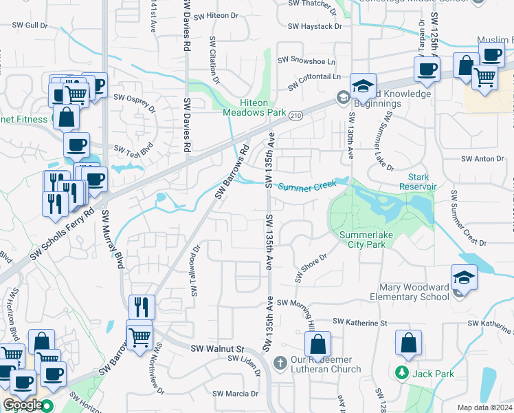 map of restaurants, bars, coffee shops, grocery stores, and more near 11323 Southwest 135th Avenue in Tigard