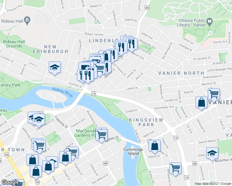 map of restaurants, bars, coffee shops, grocery stores, and more near 40 Landry Street in Ottawa