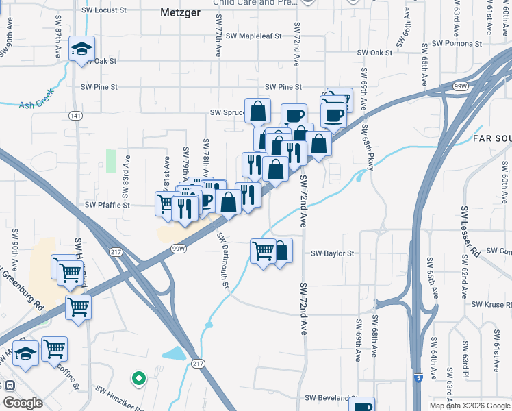 map of restaurants, bars, coffee shops, grocery stores, and more near 11640 Southwest Pacific Highway in Tigard