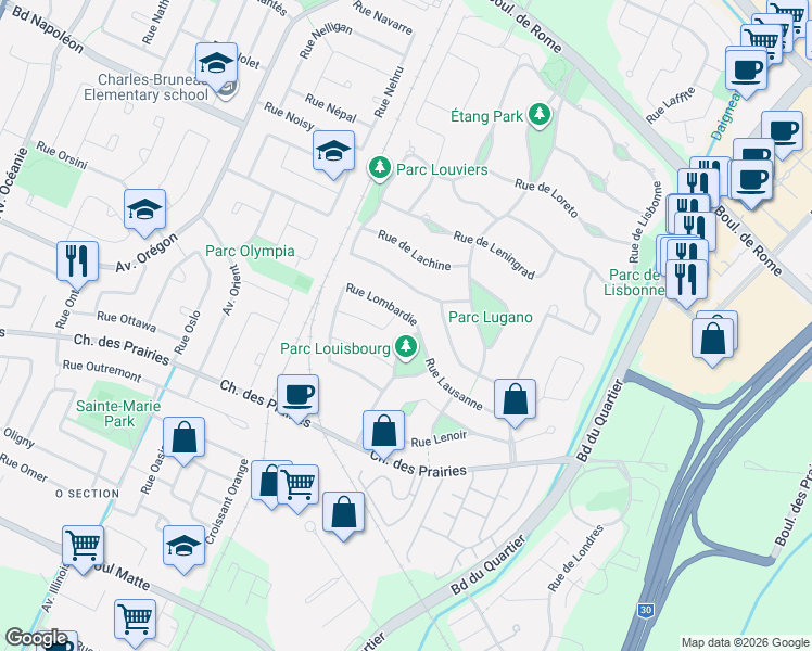 map of restaurants, bars, coffee shops, grocery stores, and more near in Brossard