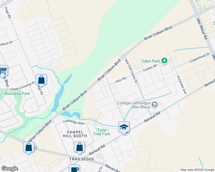 map of restaurants, bars, coffee shops, grocery stores, and more near 621 Compass Street in Ottawa