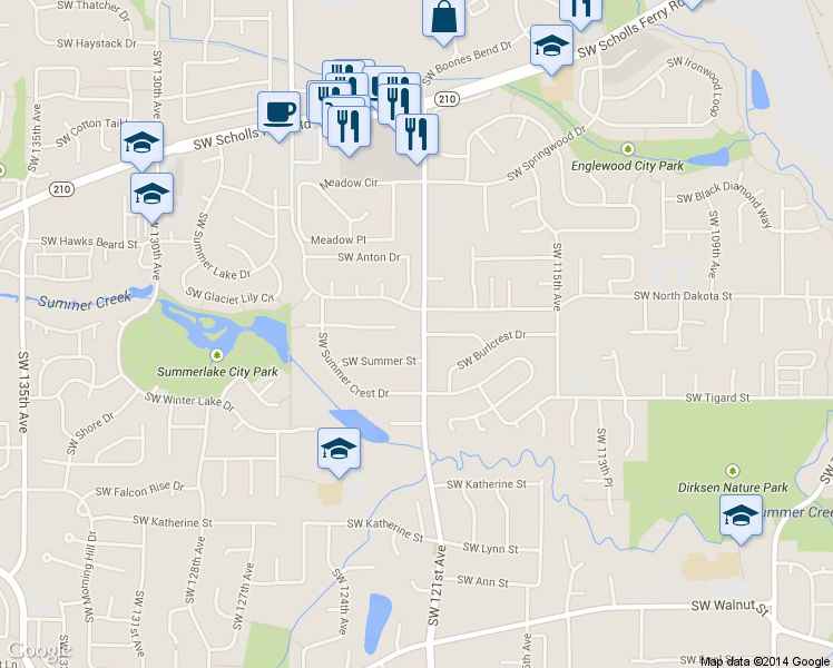 map of restaurants, bars, coffee shops, grocery stores, and more near 11335 Southwest 121st Avenue in Tigard