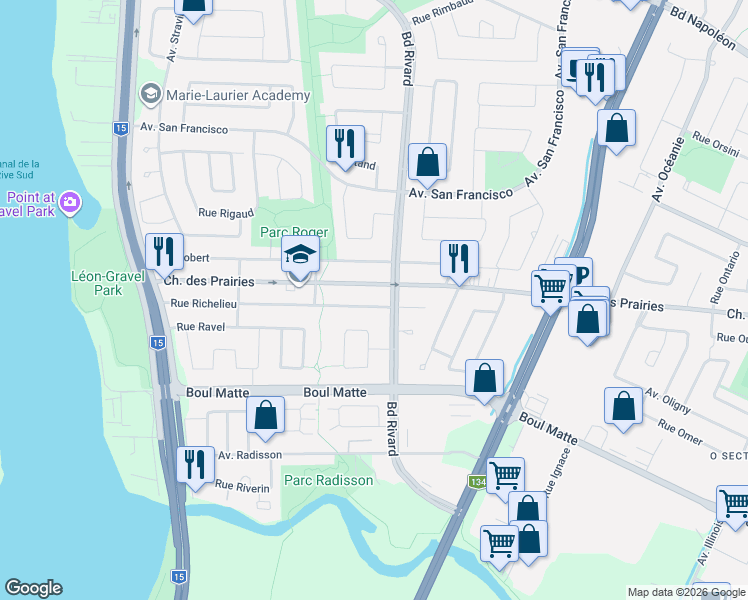 map of restaurants, bars, coffee shops, grocery stores, and more near 1432 Rue Richelieu in Brossard