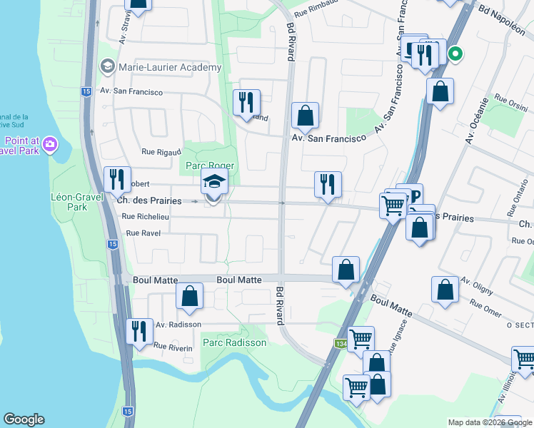 map of restaurants, bars, coffee shops, grocery stores, and more near 1432 Rue Richelieu in Brossard