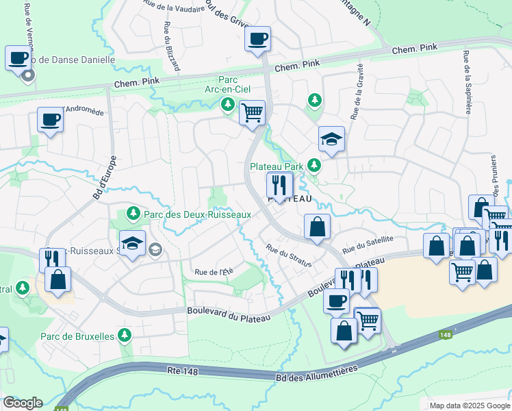 map of restaurants, bars, coffee shops, grocery stores, and more near 433 Boulevard des Grives in Gatineau