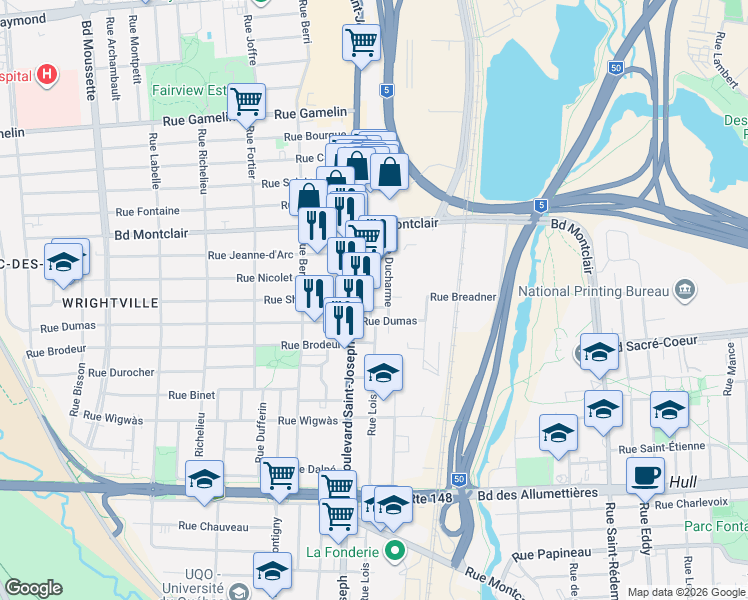 map of restaurants, bars, coffee shops, grocery stores, and more near 168 Rue Lois in Gatineau