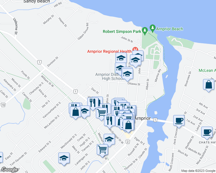 map of restaurants, bars, coffee shops, grocery stores, and more near 262 Harrington Street in Arnprior